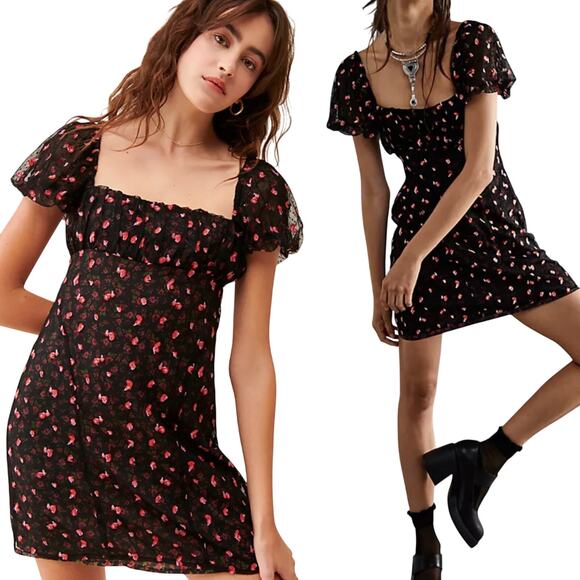 Free People Sugar and Spice Mini Dress Floral Embroidered Puff Sleeve Black M - Picture 1 of 10